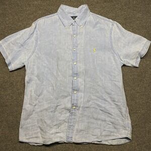 Ralph Lauren Blake 100% Linen Short Sleeve Button Up Shirt Mens L Light Blue